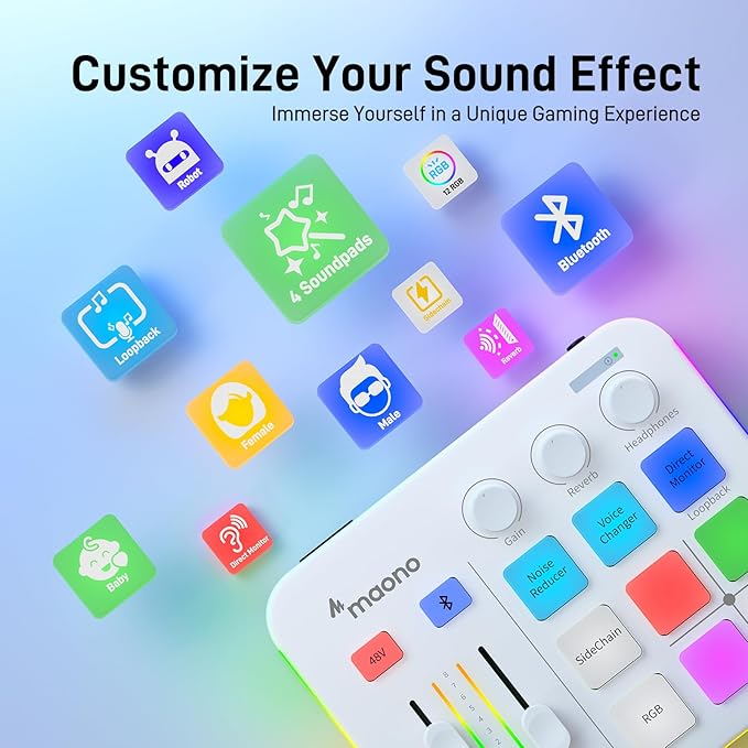 MAONO Gaming Audio Mixer, Audio Interface with Pro-preamp, RGB, Bluetooth, 48V Phantom Power for Live Streaming, Podcasting, Content Create, Gaming MaonoCaster G1 NEO (White)