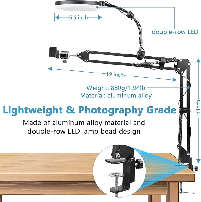 ChromLives Overhead Phone Mount with Ring Light, Overhead Tripod Phone Holder Mount for Video Recording, Flexible Articulating Arm Overhead Phone Stand Top Down Camera Mount with Light