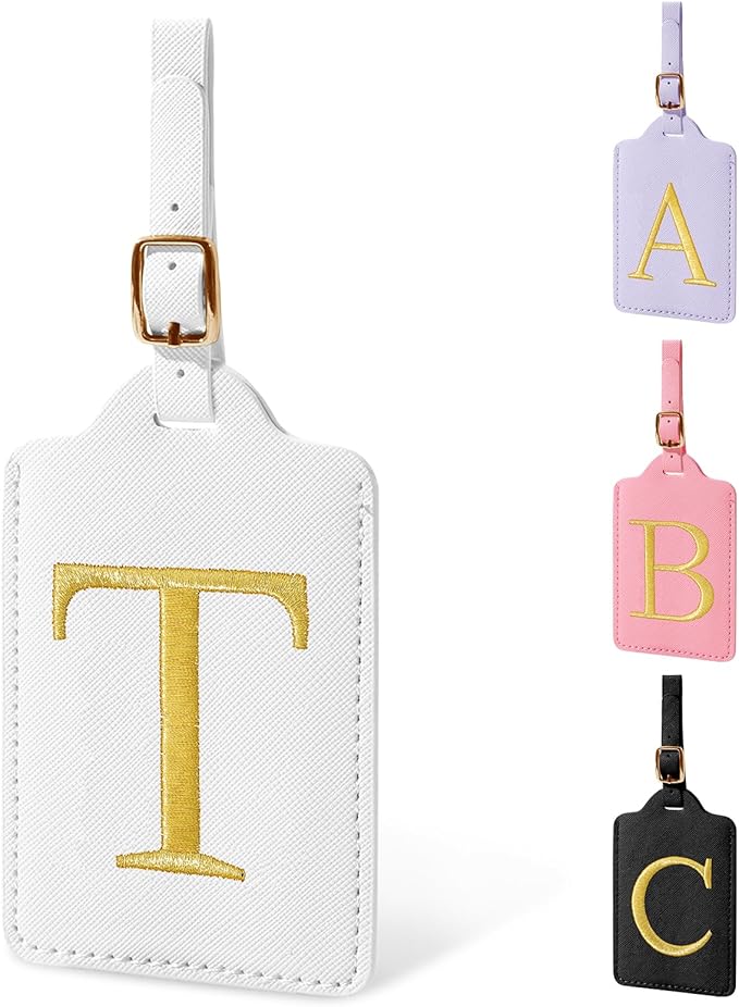 Personalized Initial Luggage Tags for Suitcase TSA Approved, White Leather Cute Luggage Tag with Privacy Cover Name Card, Embroidered Custom Luggage Tags Travel Baggage Tags Gifts for Women Kids(T)