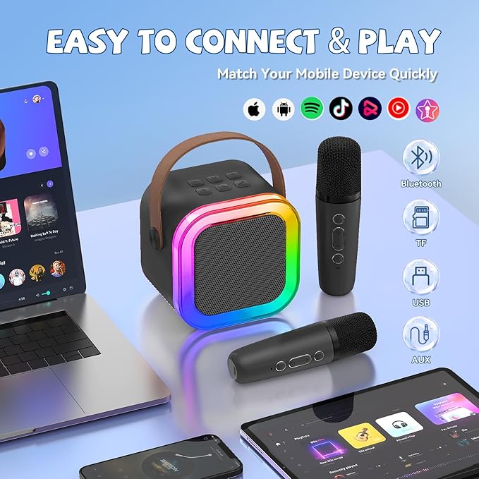 【2026 Newest】 Mini Karaoke Machine for Kids Girls & Boys - Portable Bluetooth Speaker with 2 Wireless Microphones - Kids Birthday Gifts for Ages 4-10 - Kids' Instrument Accessories - Black