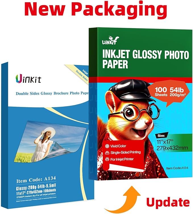 Uinkit 11x17 100 Sheets Photo Paper Glossy Inkjet 48lb Single Side Print Poster Playbill Obituary Papers for Funerals Bulletin Gallery Show Photographic 11 x 17 Copy Printing A3 Value Packed