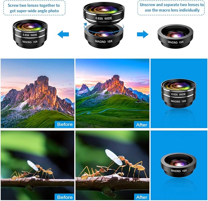 Phone Camera Lens, 9 in 1 Lens Kit, Zoom Lens, 0.36X Wide Angle Lens, 0.63X Wide Lens, 15X Macro Lens, 20X Macro Lens, Fisheye Lens, CPL and Starburst Lens Telephoto Lens for Smartphone