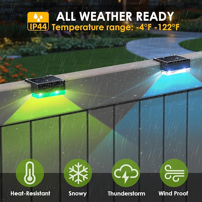 12PK Solar Fence Lights Outdoor Waterproof LED - Warm White & RGB 6 Color, Dusk to Dawn Deck Light, IP65 Waterproof Garden Lights for Outside/Backyard/Railing/Step/Patio/Wall