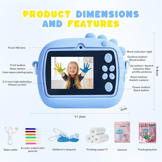 Kids Instant Print Camera with Dinosaur Silicone Cover,1080P HD Digital Video Cameras for Kids with Print Paper & SD Card,Christmas Birthday Gifts for Girls Boys 3-10 Years (Blue)