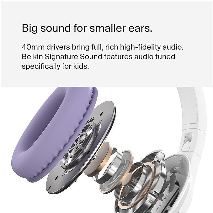 Belkin SoundForm Inspire Wireless Over-Ear Headset for Kids, Online Learning & Travel w/Built-in Microphone, 85dB Safe Volume Limit, 35H Battery - Compatible w/iPhone, iPad, Galaxy & More - Lavender