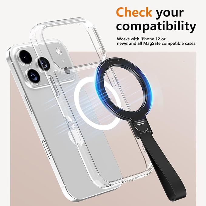 Dual-Side Magnetic Ring Holder with Silicone Strap,for MagSafe Magnet, 360 Rotation Adjustable Kickstand for iPhone 17/16/15/14/13/12 Air/Pro/Pro Max, Pixel 10,Galaxy S25 S24 (H-01 Black)