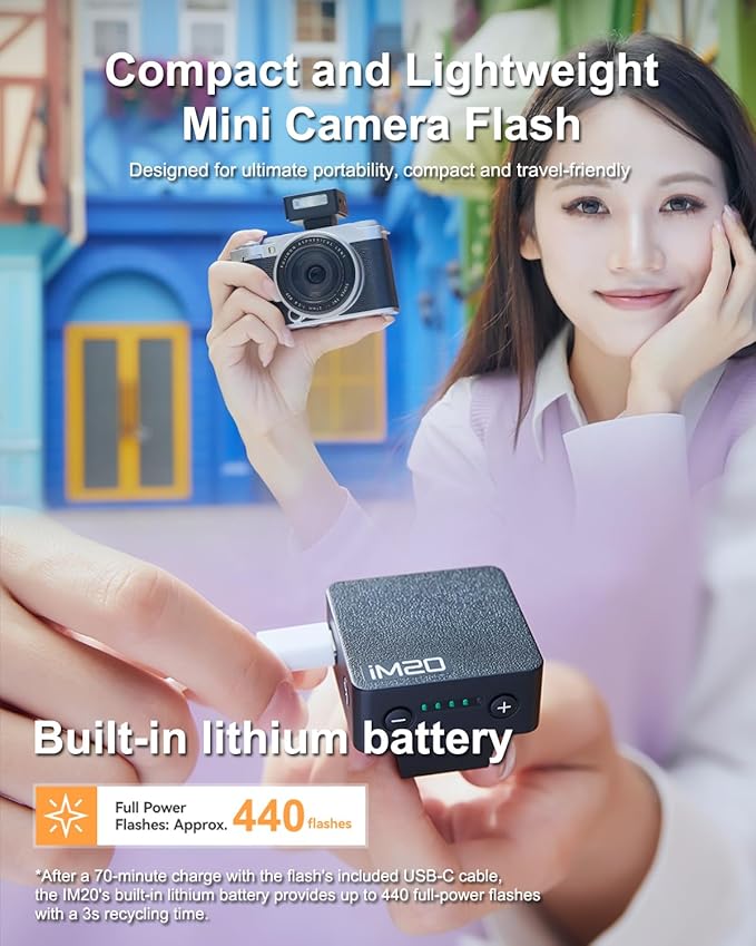 Godox IM20 Mini Flash with Diffuser for Canon, Nikon, Sony, Fuji, Olympus Single-Contact Hotshoe Cameras – Built-in USB-C Charging Battery, 230 Flashes, 5-Level Power Adjustment, White
