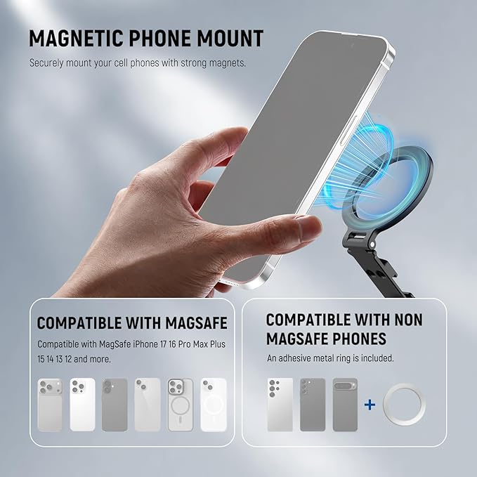 NEEWER Magnetic Tripod Phone Mount Cold Shoe Adapter, Aluminum Compact Lightweight Portable Phone Holder Attachment for Camera, Compatible with MagSafe iPhone Samsung Android Video Recording, CA163