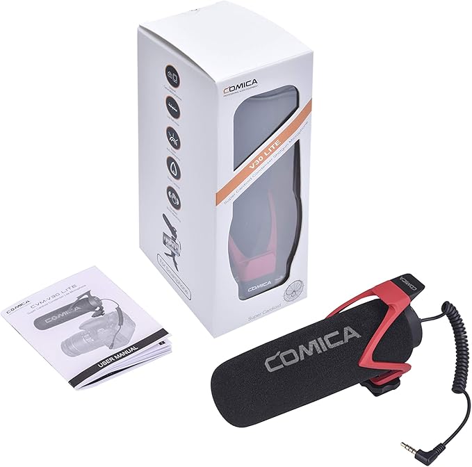 COMICA CVM-V30 LITE Video Microphone,Super-Cardioid Condenser On-Camera Shotgun Microphone for Canon Nikon Sony Panasonic DSLR Cameras,Mic for iPhone Android Smartphone with 3.5mm Jack(Red)