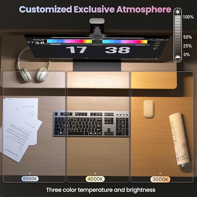 Quntis Monitor Light RGB Backlight, Eye-Care Computer Lights Bar Gaming Office Desk Lamp, 15 Modes Backlight, 3 Color Temperature & Brightness Dimmable Front Light, Ra95 Screen No Glare Monitor Lamp