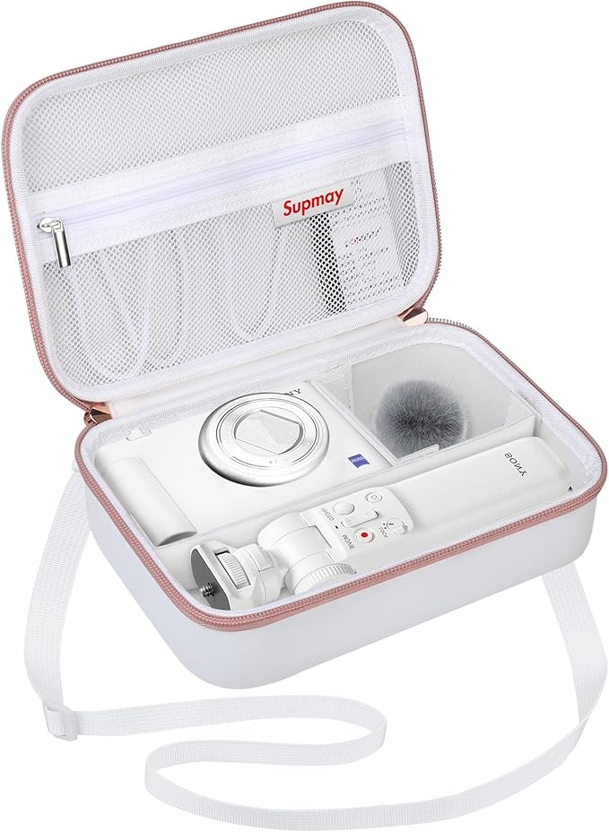 Hard Travel Case for Sony ZV-1F / ZV-1 / ZV-1 II Digital Camera, Protective Cases Bag Fits Vlogger Accessory Kit Tripod and Microphone, Extra Zipper Pocket fit Battery Charger, White Rose Gold