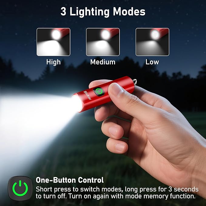 Blukar Rechargeable EDC Flashlight, Mini Keychain Flash Light with 3 Lighting Modes, Memory Function, Waterproof, Compact and Portable Pocket Light for Everyday Carry, Emergency,Camping-Red