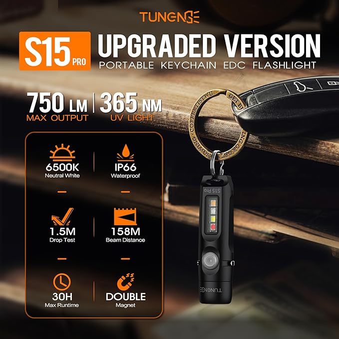 S15Pro Keychain Flashlight,750 High Lumen EDC Pocket Flashlight with Clip,USB C Rechargeable Mini Flashlight with Magnet,Suitable for Hiking, Camping, Repair(Black)