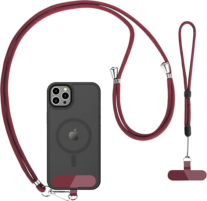 CACOE Phone Lanyard 2 Pcs-1 Pcs Adjustable Neck Strap, 1 Pcs Wrist Strap, 2 Pcs Pads, Universal Crossbody Multifuctional Cell Phone Lanyards Compatible with Most Smartphones(Dark Red)