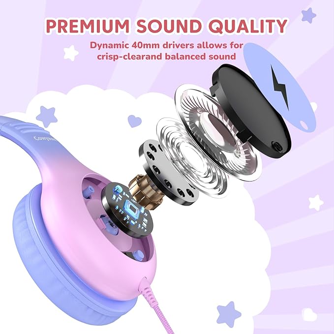 USB C Headphones Wired, Kid Headphones with LED Light, Over Ear USB-C Wired Headphone with Microphone, 85/94dB Volume Limit, USB Type C Headphone for Boys/Girls/School/Travel, Purple Gradient