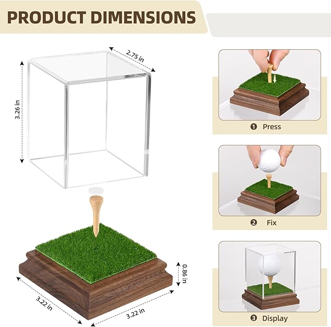 Golf Ball Display Case Hole in One Golf Ball Display Case Holder Wanult Wood Base Acrylic Golf Ball Holder Stand Lifelike Turf Wood Tee Memorabilia Showcase Square Cube Box Stand Golf Gifts Decor