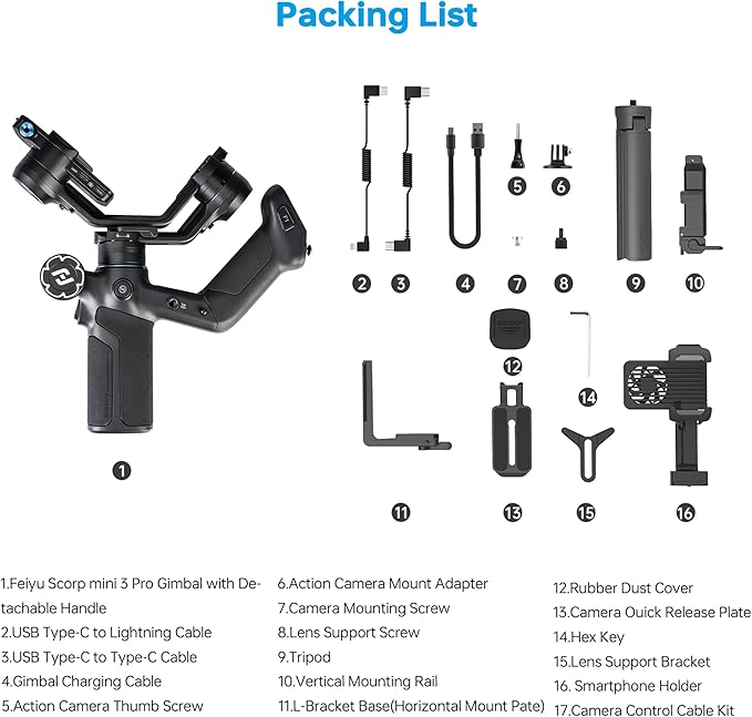 FeiyuTech SCORP Mini 3 Pro All-in-One 3-Axis Gimbal Stabilizer for Camera, Smartphone & Action Cam | Built-in AI Tracking Sensor, Detachable Remote Handle, Vertical Shooting Compatible