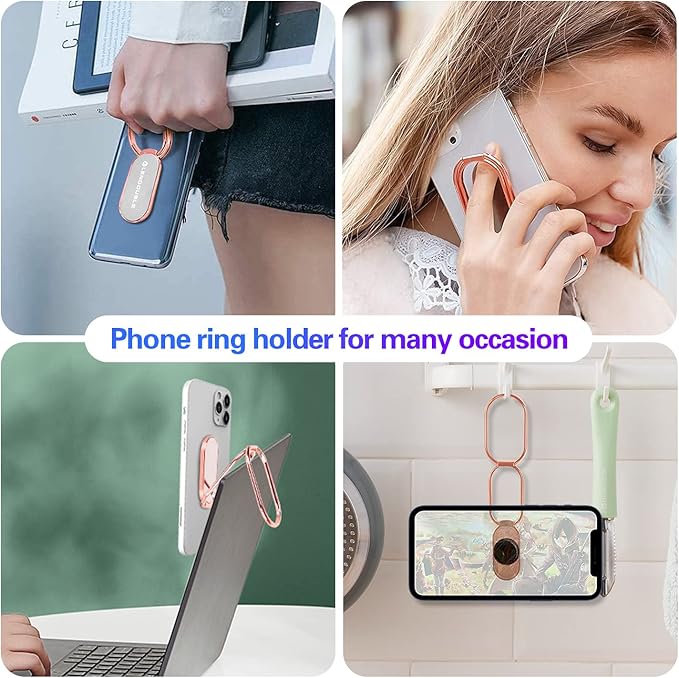 Adjustable Cell Phone Stand for Desk, Portable Phone Ring Holder Finger Kickstand Foldable Desktop Hand Grip, 360° Rotatable Loop Handle for Magnetic Car Mount & iPhone iPad Tablet Case Back-Rose Gold
