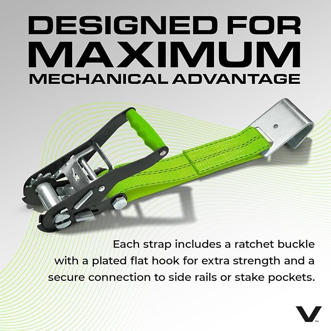 VULCAN Car Tie Down with Flat Hooks - Lasso Style - 2 Inch x 96 Inch - 4 Pack - High-Viz - 3,300 Pound Safe Working Load