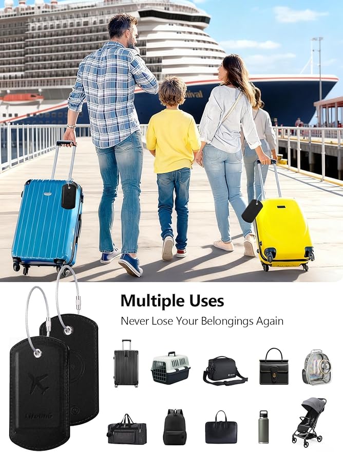 Luggage Tags Built-in Anti-Loss Tracker, Luxury Leather Luggage Tags for Suitcase, Travel Bags, Backpacks, Travel Organizer for Lost Baggage Prevention (S-Black)