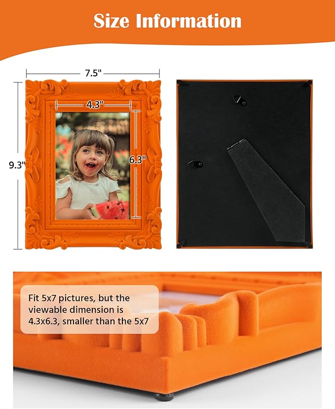 5x7 Picture Frame for Shelf Desk Table Decor, Colorful Ornate Frame with Velvet Touch for Diamond Paintings Art Prints Posters, Modern Gallery Wall Frames for Bedroom Decoration (Orange)