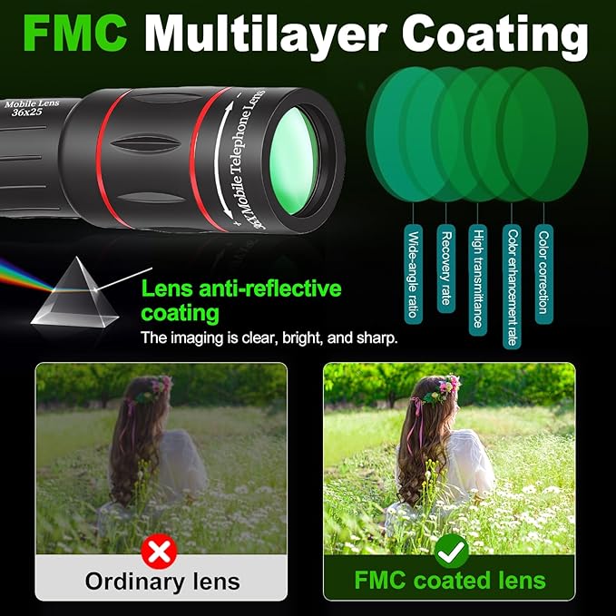 36X Telephoto Lens Kit for iPhone and Android Cell Phones, Long Focus Telephoto Phone Lens with Universal Clip, Suitable for Outdoor Picture Video Taking