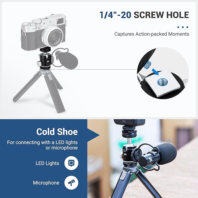 JJC 1/4''-20 Camera Tripod Ball Head Mount Adapter, Mini Ballhead with Cold Shoe Mount for Camera DSLR Tripod Selfie Stick LED Light Flash Microphone Phone Cage, 360-Degree Rotation, 90-Degree Tilt