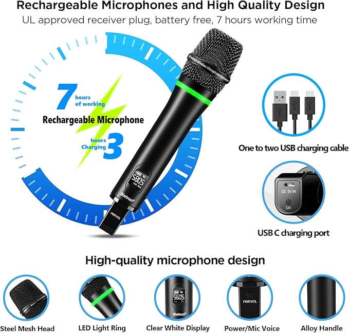 Bietrun 4-Channel Wireless Microphones System with 4 Rechargeable Handheld Mics, UHF Metal Dynamic Cordless Mics for Karaoke, Singing, Church, Family Theater(Auto Connect/295FT Range/Fixed Frequency)