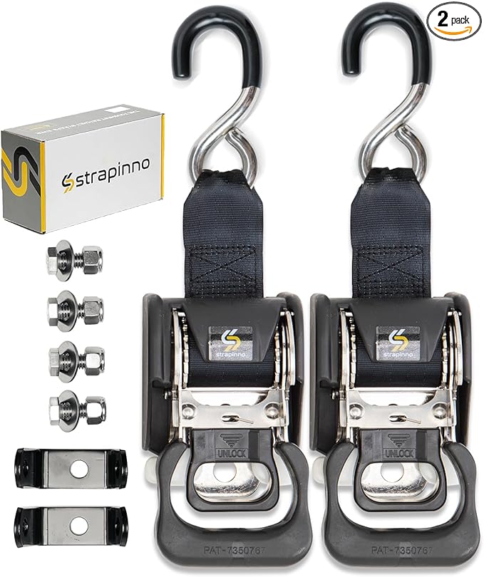 Strapinno 2PCS Stainless Steel Retractable Ratchet Straps (1 7/8 in x 4 ft) Transom Tie Downs for Boat Trailer - Extra Mounting Brackets & Bolt Set, Break Strength 1,650LB (Stainless Steel Hook)