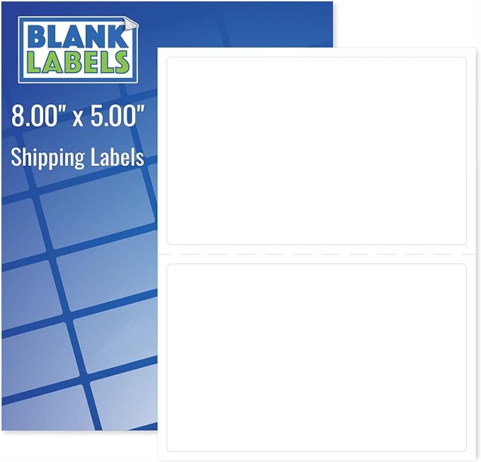 Blank Labels Half Sheet Round Corner Shipping Labels, Permanent White Matte Label Inkjet and Laser Printer Guaranteed, Easy to Peel Made in USA 8” x 5” 2 Labels Per Sheet (250 Sheets)