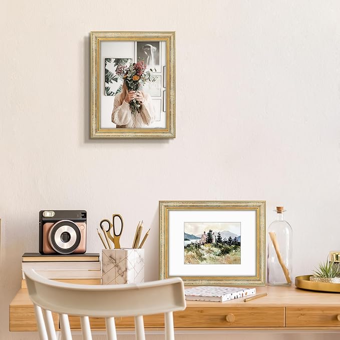 Golden State Art,9x12 Ornate Picture Frame for 6x8 Photo with Mat or 9 x 12 Prints without Mat, Real Glass Wall Display Horizontally or Vertically (Color:Vintage Gold)