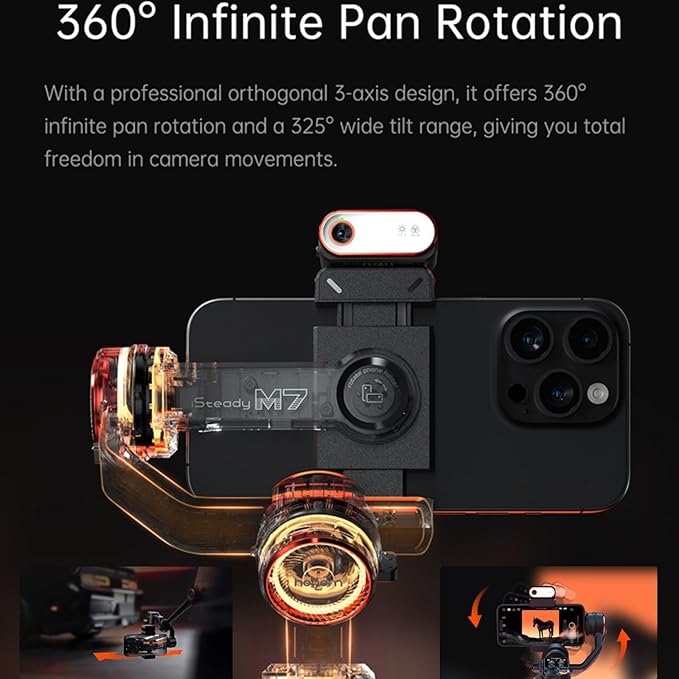 Hohem iSteady M7 Gimbal Stabilizer for Smartphone, 3-Axis Phone Gimbal, Gimbal Stabilizer for iPhone & Android, AI Tracking Sensor with Fill Light, 1.4" Detachable Touchscreen Remote Control