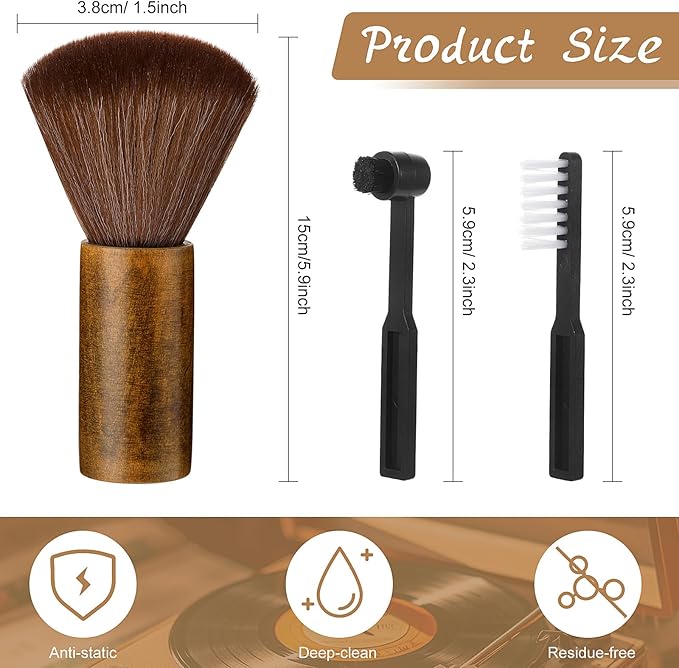3 Pcs Vinyl Record Cleaning Brush Wooden Anti Static Dust Record Vinyl Cleaner Kit Player Accessories Gift for Music Lovers(Dark Brown)