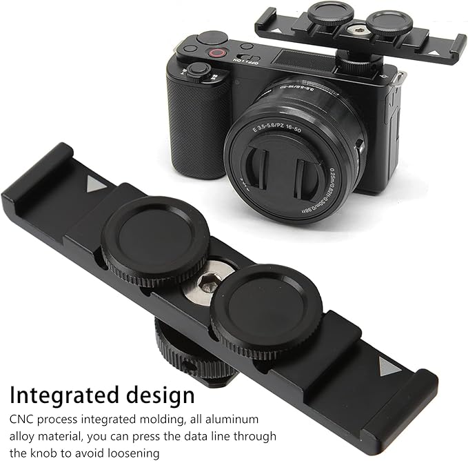 Dual Cold Shoe Extension Mount, Camera Extension Bar with Safety Lock, Aluminum Alloy Bracket for Monitor Microphone Flash Light, 1/4in Threaded Hole for Tripod Grip Handle