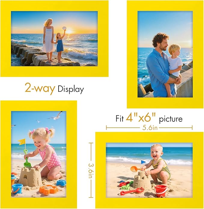 Vittanly 4x6 Picture Frame, Made of Solid Wood and Shatterproof Plexiglass, Wooden Photo Frame for Wall Mounting or Tabletop Display, Picture Frame for Home Decor with Stand, Yellow, 1 Pack