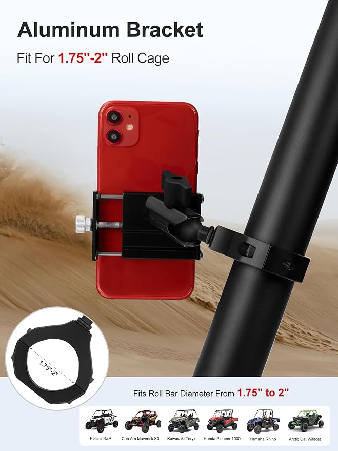 UTV Phone Mount, Aluminum Heavy Duty UTV Phone Holder Fit for 1.75"-2" Roll Cage, Compatible with Polaris RZR/Can Am X3/Kawasaki Teryx/Talon Pioneer 1000, No Block Camera & Buttons