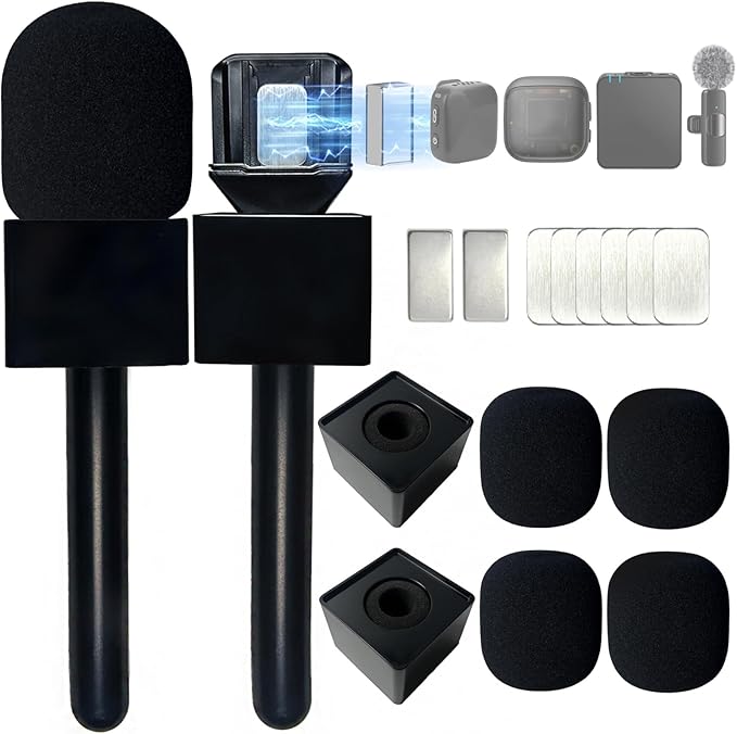 2PCS Microphone Holder for DJI/DJI Mini/2/3, Mic Handle for Rode, Hollyland Microphone, Magnetic wireless mic holder with Pop Filter and Flag Station for Vlogging, Interview, Podcast, Tik Tok