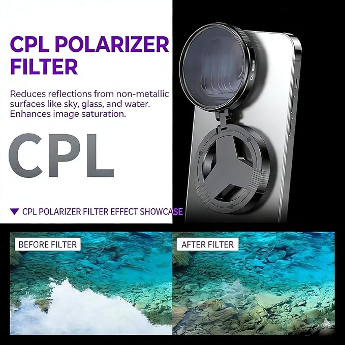 Anti-Glare Magnetic Phone Filter, Reduces Reflections Enhances Colors, Foldable Portable Polarizing Lens Attachment for Glass & Product Photography (2PCS)