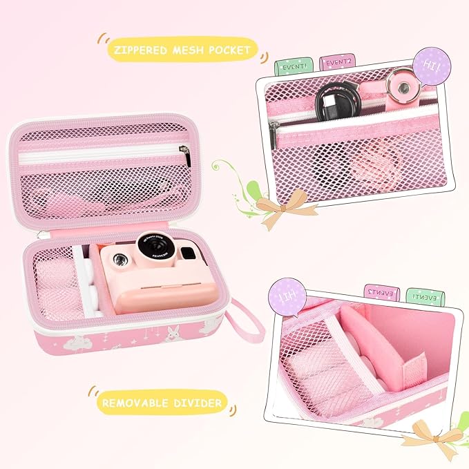 Case Compatible with DYLANTO for ESOXOFFORE for ETIKEZ for YTETCN for DUDUDRAGON Instant Print Camera, Kids Camera Storage for Accessories (Box Only) (Case and 3 Paper Rolls, Pink-Rabbit)