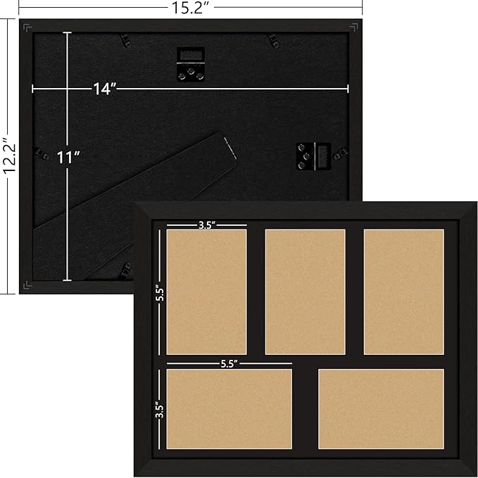 4"x6" Wood Photo Collage Frame 5 Openings, 11"x14" Multi Picture Frame Collage Wall Decor, Brushed Black Frame with Black Mat, Solid Pine Wood