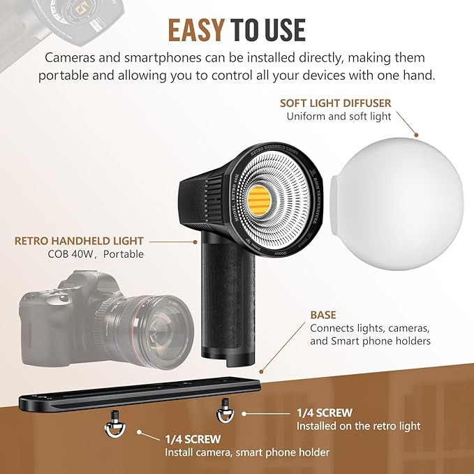 LENSGO 40H Retro Camera Flash Light with Diffuser, Rechargeable 40W Bi-Color 2700K-7000K CRI96 Video Light, Dimmable 0-100%, 8 Lighting Effects, Compatible with DSLR/GoPro/Sony/Canon/iPhone