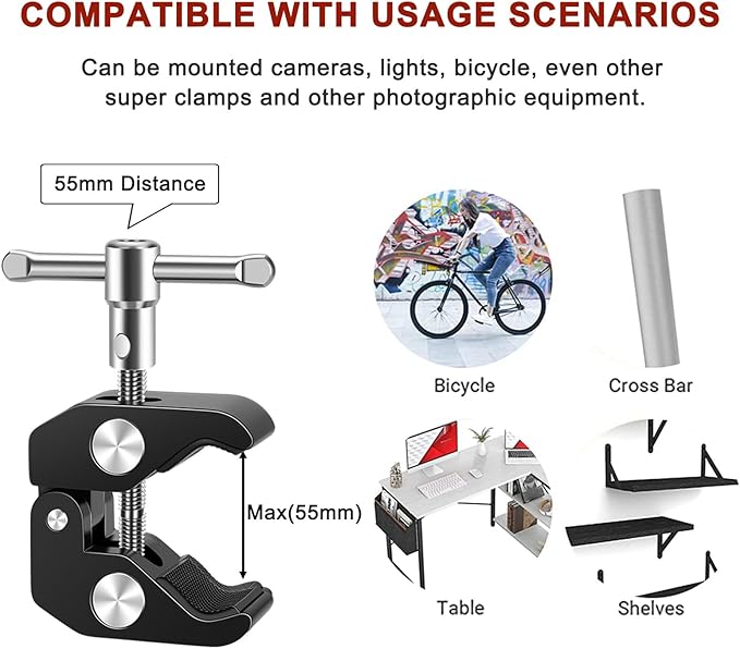 Super Clamp and 9.8 Inches Magic Arm with Dual 1/4’’ Screw - 1/4’’ and 3/8’’ Threaded Holes - Compatible with Photography Accessories - Max Load 4.4lb/2kg