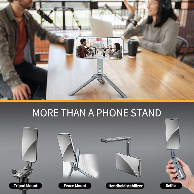 Magnetic Phone Tripod Mount,Aluminium Mini Tripod Pocket Cell Phone Stand with Cold Shoe Mount, 1/4" Screw & Foldable Hook Compatible for iPhone 12/13/14/15/16 & MagSafe Cases