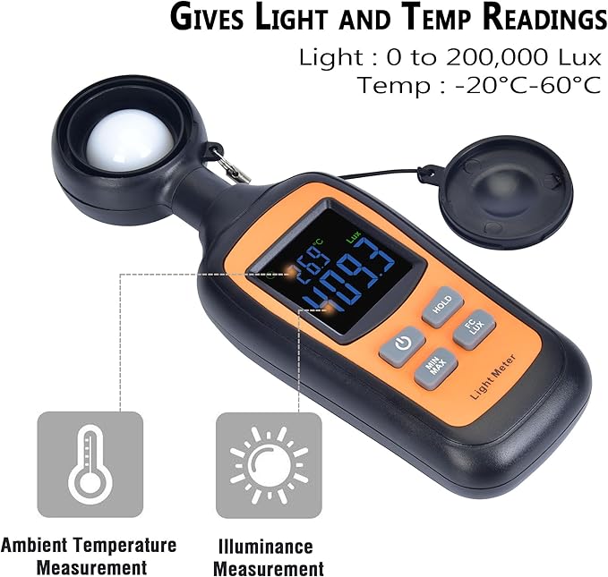 Handheld Digital Light Meter,4 Digit Color Screen Illuminance Meter with Ambient Temperature Measurer,Range up to 200,000 Lux Luxmeter,for Photography Plants Lighting Intensity Brightness Measurement