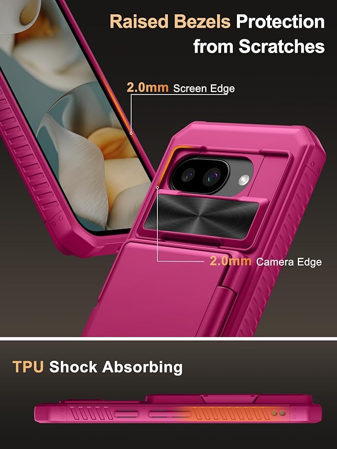 Vihibii for Google Pixel 9a Wallet Case with Card Holder (4 Cards), [RFID Blocking] & Slide Camera Lens Cover & Raised Edges Protect Screen, Shockproof Case for Google Pixel 9a 2025, Hot Pink