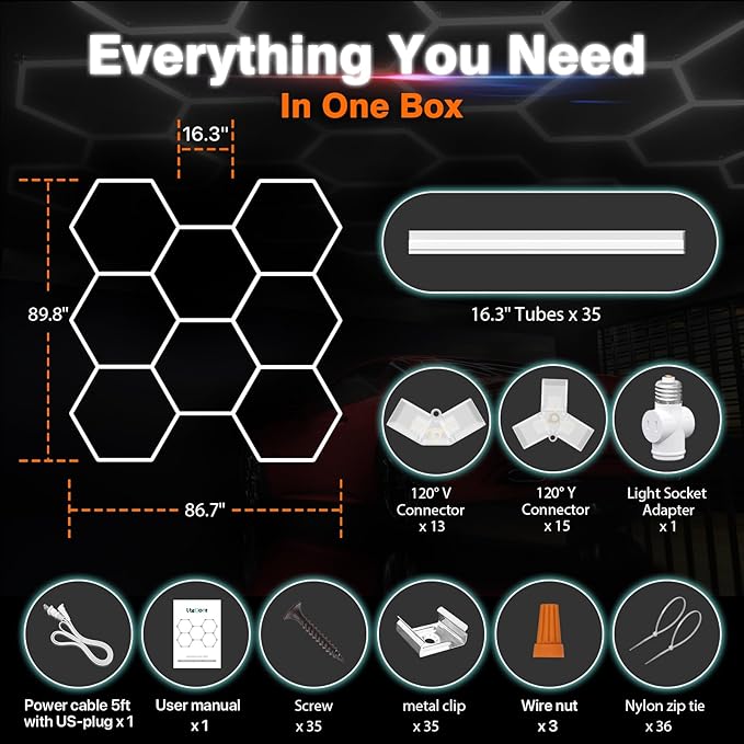 Hexagon Garage Lights: 245W 35 Pack 8 Grids LED Garage Lights - Easy Install 6500K Super Bright Honeycomb Light for Warehouse, Car Detailing Shop, Exhibition Hall, Gym
