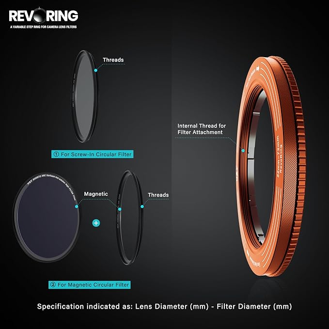 H&Y RevoRing Adjustable Step Up Ring 52-72mm to 77mm, Variable Lens Filter Adapter Ring, Universal Stepping System fits 52 55 58 62 67 72mm, Orange
