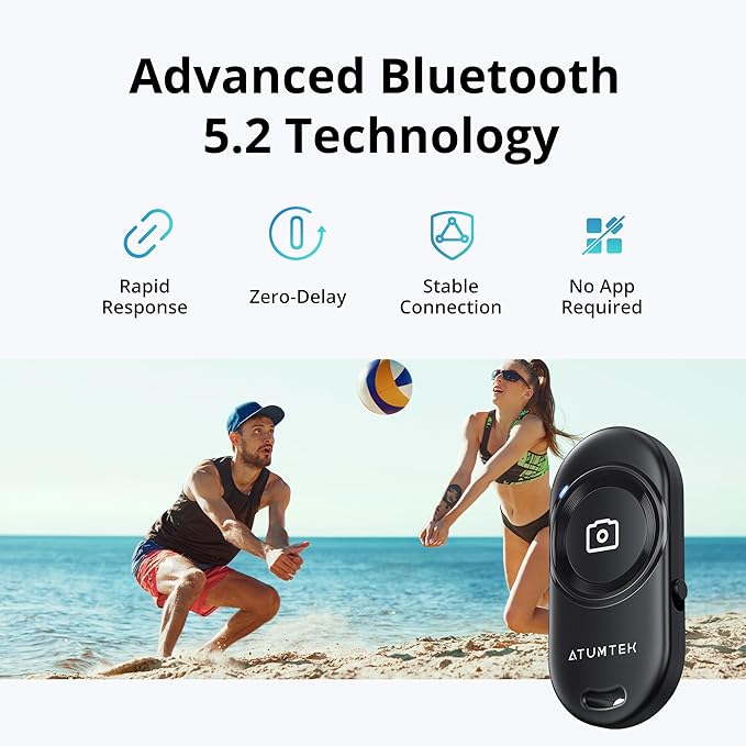 ATUMTEK Camera Remote Shutter for iPhone and Android Smartphones (2 Pack), Wireless Phone Remote Control Selfie Button for Photos and Videos (Bluetooth 5.2), Wrist Strap Included, Black Stylish