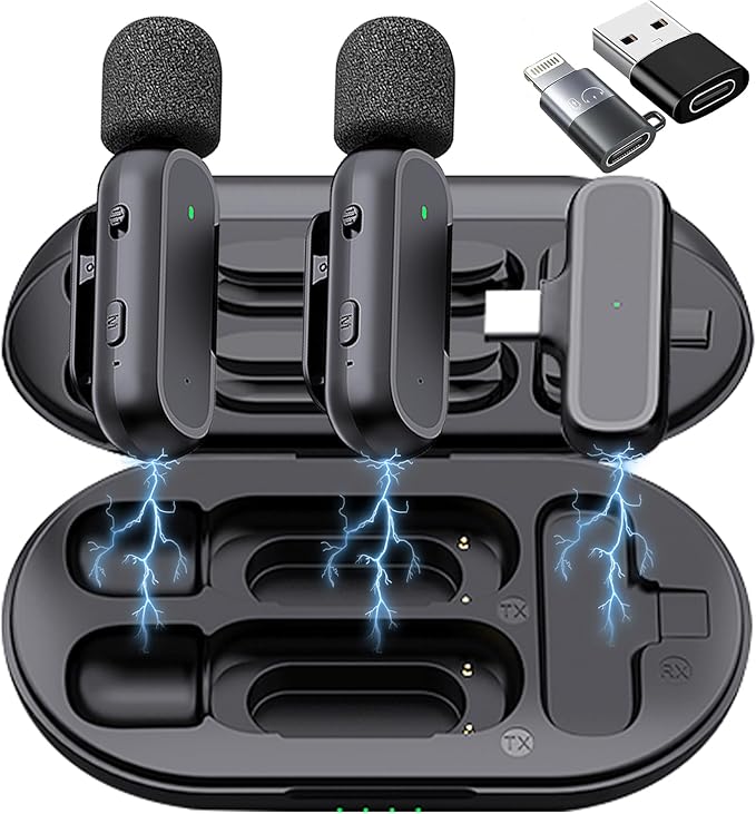 2 Pack Professional Wireless Lavalier Microphone for iPhone iPad Android with Charging Case Noise Reduction Plug-Play Clip on Lapel Mic for Video Recording Vlogging, YouTube, Interview, Live Streaming