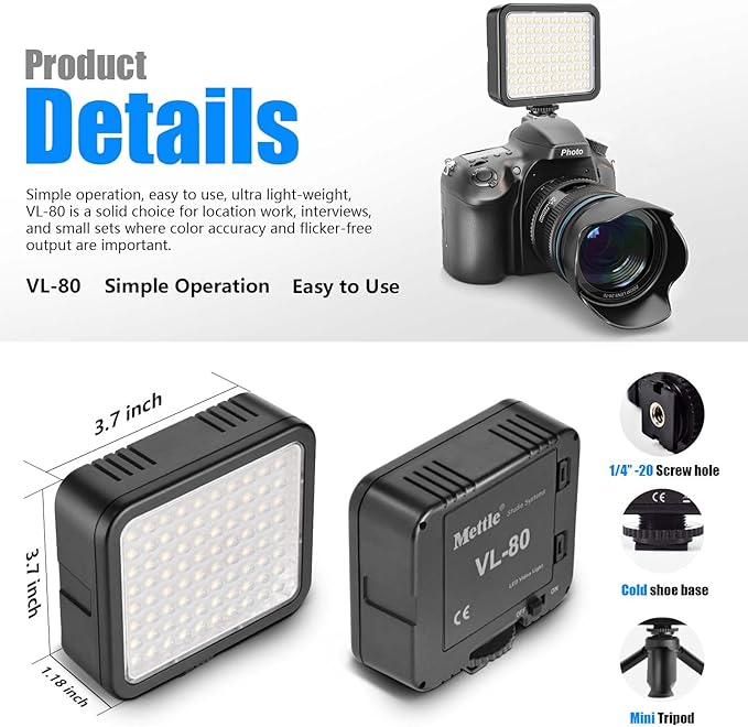 Mettlelite VL80 LED Video Light Kit Portable Continuous on Camera Photography Lighting Ultra Bright with Mini Tripod & Color Filters for Streaming Video Conferencing Gaming TikTok Vlogging